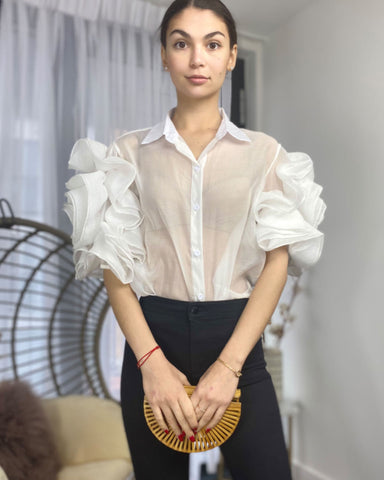 Double Layered Ruffles statements sleeves shirt top in White