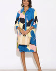 Abstract Petal Print Shirt Dress with Blue Collar