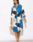 Abstract Petal Print Shirt Dress with Blue Collar