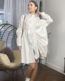 Asymmetry with Elasticated design cotton blend shirt dress in White