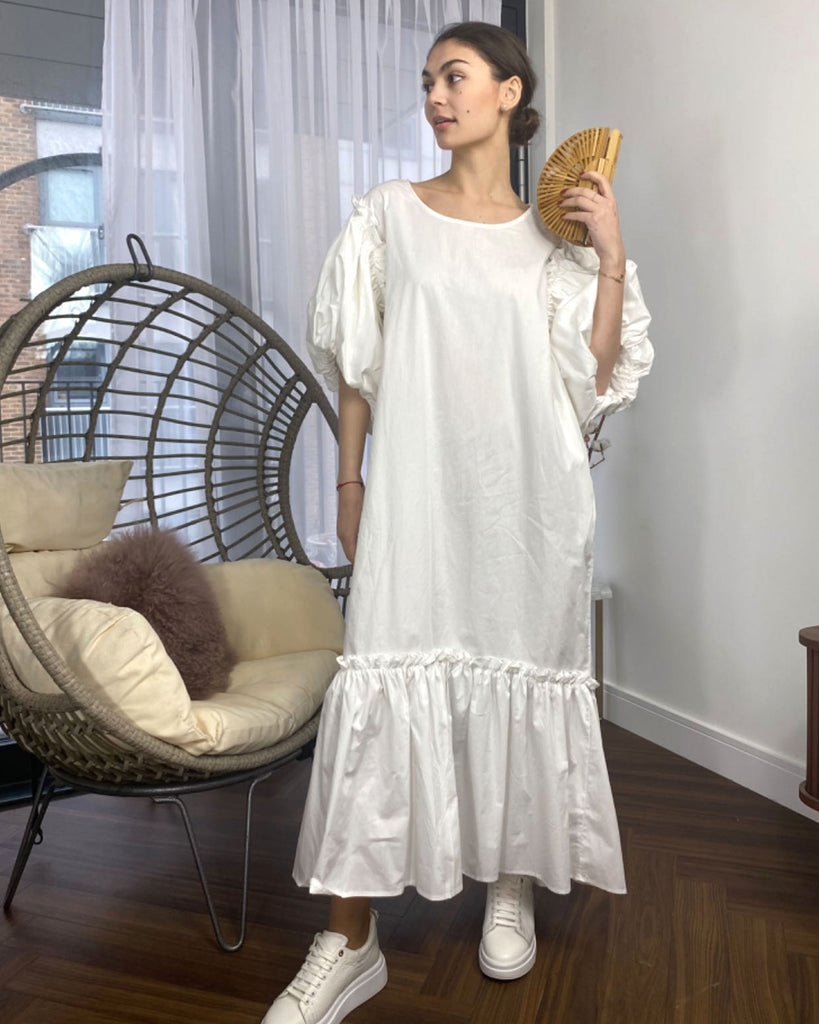 Oversized Puff Sleeves ruffle hem design Maxi dress