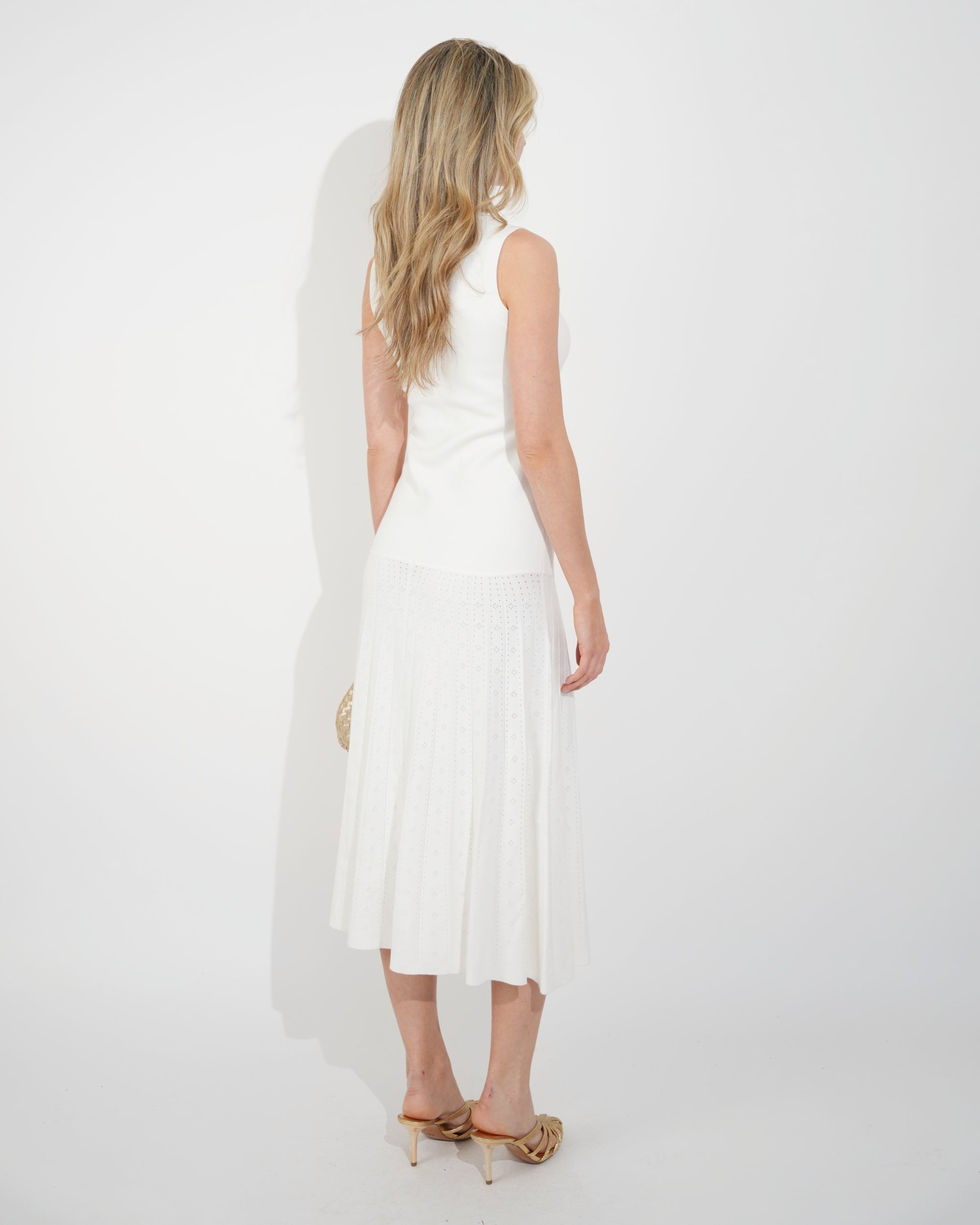 Pearl Bead Pointelle knit bodycon midi dress in White