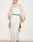 Pleated long dress with organza pleated cape sleeves in White