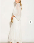 Pleated long dress with organza pleated cape sleeves in White