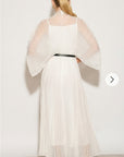 Pleated long dress with organza pleated cape sleeves in White