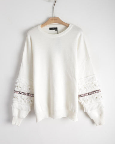 Multi floral and pleated chiffon embellished sleeves jumper