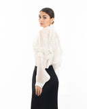 Pleated ruffles with multi dimoned stone embellished sleeves design organza shirt in white