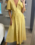 Check print Cotton Blend Puff sleeves midi dress in Yellow