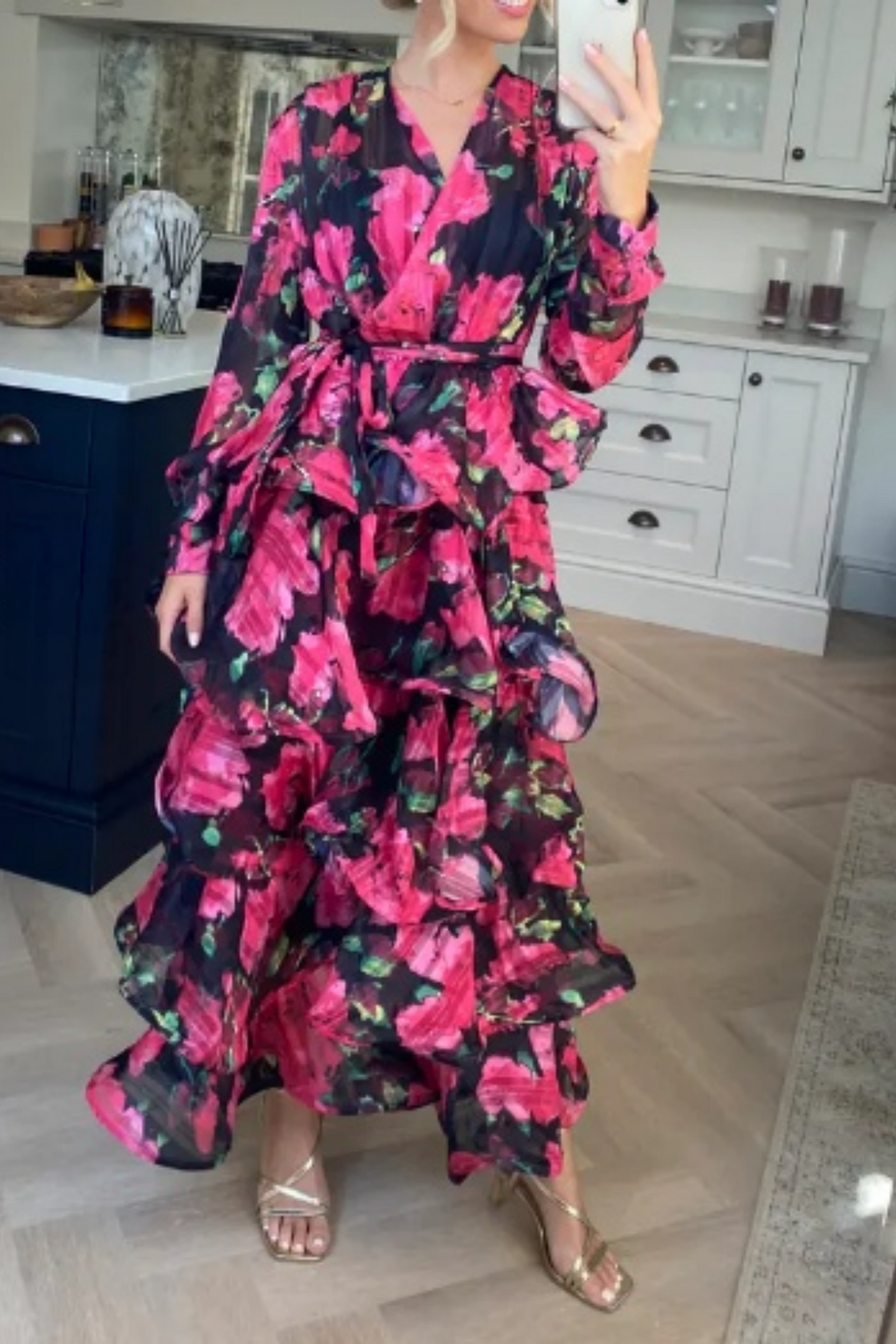 Floral Print Ruffle Multi Layer Hem design maxi long Dress in Pink