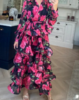 Floral Print Ruffle Multi Layer Hem design maxi long Dress in Pink