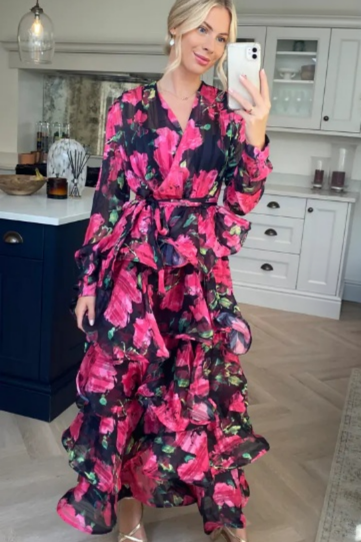 Floral Print Ruffle Multi Layer Hem design maxi long Dress in Pink