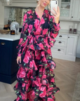 Floral Print Ruffle Multi Layer Hem design maxi long Dress in Pink