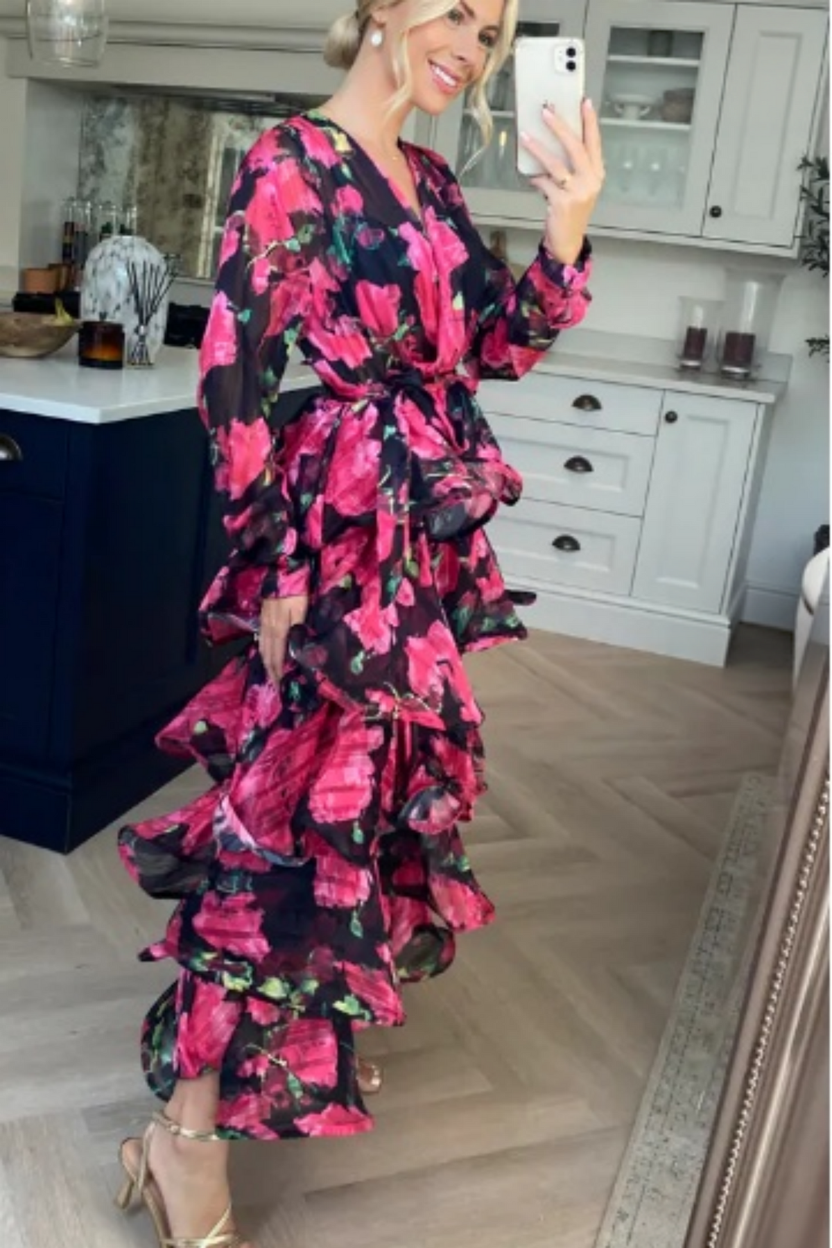 Floral Print Ruffle Multi Layer Hem design maxi long Dress in Pink