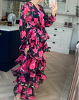 Floral Print Ruffle Multi Layer Hem design maxi long Dress in Pink