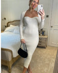 Soft Knitted Ribbed Midi Bodycon Dress Long Sleeve In White