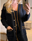 Jacquard design knit Long Cardigan with Gold Trim design in Black