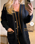 Jacquard design knit Long Cardigan with Gold Trim design in Black