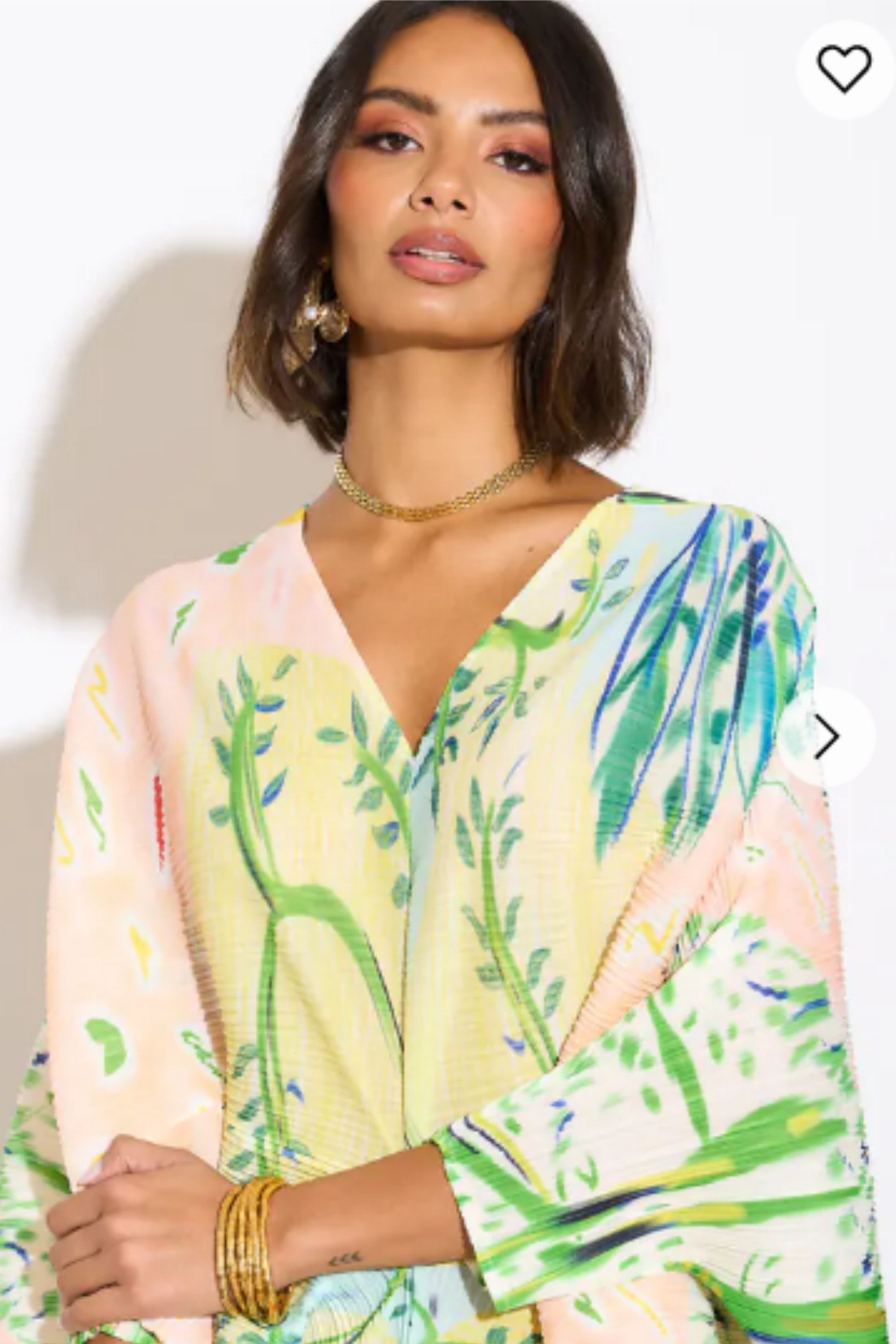 Leaves and Floral Scarf Pirnt Pleated Dress in Kimono sleeves in green ...
