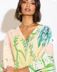 Leaves and Floral Scarf Pirnt Pleated Dress in Kimono sleeves in green