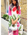 Multi Color Print Pleated Dress in three quarter sleeves in floral print