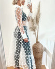 Spotted design Lace shirt dress cardigan in White