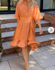Ruffle Hem Oversized dress with belt in orange