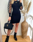 Black Bodycon Knit Dress with Polka Dot Organza Sleeves
