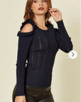 Frilled Cold Shoulder pointelle stitch top (Navy)