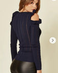 Frilled Cold Shoulder pointelle stitch top (Navy)