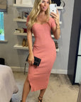 Short sleeves Ribbed Knit Bodycon Dress with Side Split in Salmon Pink