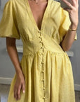 Check print Cotton Blend Puff sleeves midi dress in Yellow