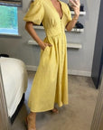 Check print Cotton Blend Puff sleeves midi dress in Yellow