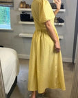 Check print Cotton Blend Puff sleeves midi dress in Yellow