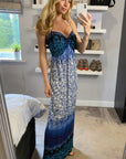 Multi Leaves Print Maxi Dress In Blue