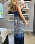 Multi Leaves Print Maxi Dress In Blue