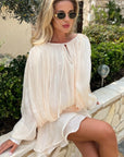 Silky satin feeling Cape sleeves design short dress in Cream