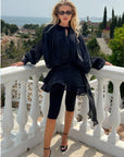 Silky satin feeling Cape sleeves design short dress in Black