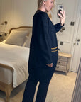 Jacquard design knit Long Cardigan with Gold Trim design in Black