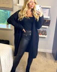 Oversized Boxy rib knit long cardigan with front pocket in black