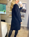 Oversized Boxy rib knit long cardigan with front pocket in black