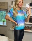 Tie dye effect rib knit short sleeves jumper top in blue