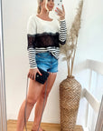 Stripe Print with Lace Bust Design Top (WHITE)