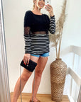 Stripe Print with Lace Bust Design Top (BLACK)