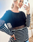 Stripe Print with Lace Bust Design Top (BLACK)