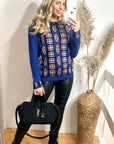 Metallic gold trims Fair isle Print Jumper