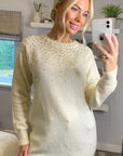Multi faxu Pearl embellished design neckline long knit jumper in white