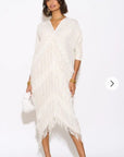 Layers Multi Fringed Tassel Pleated Midi Dress in White