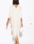 Layers Multi Fringed Tassel Pleated Midi Dress in White