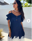 Floral Crochet Lace hem ccold shoulder dress