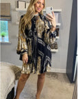 Black and Gold  Print Scarf print Full pleated Shirt dress